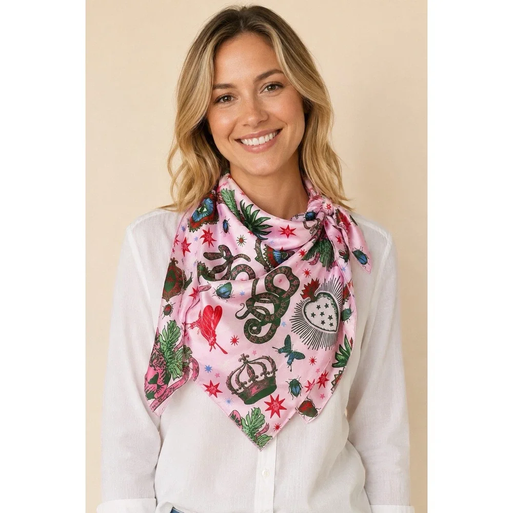 Emily McCarthy Iconic Joy Silk Square Scarf 32x32 Pink Leopard Snake Evil Eye